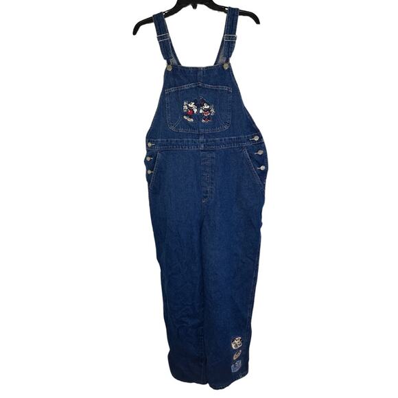 Vintage Y2K Disney Minnie Mickey Lovers Embroidered Denim Overalls Long Pants - Picture 1 of 13